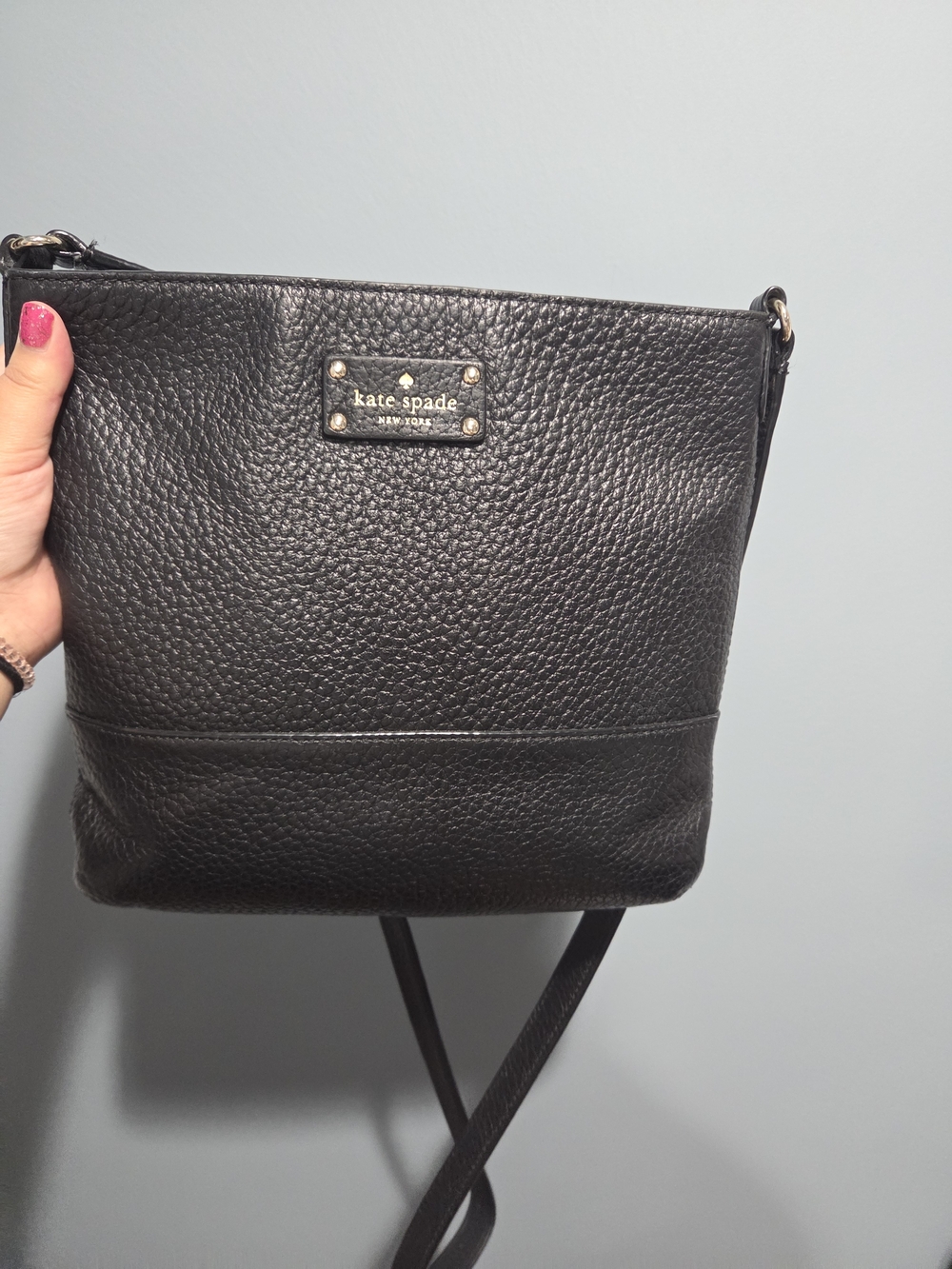 kate spade Black Pebbled Leather Crossbody with Gold Logo Plaque